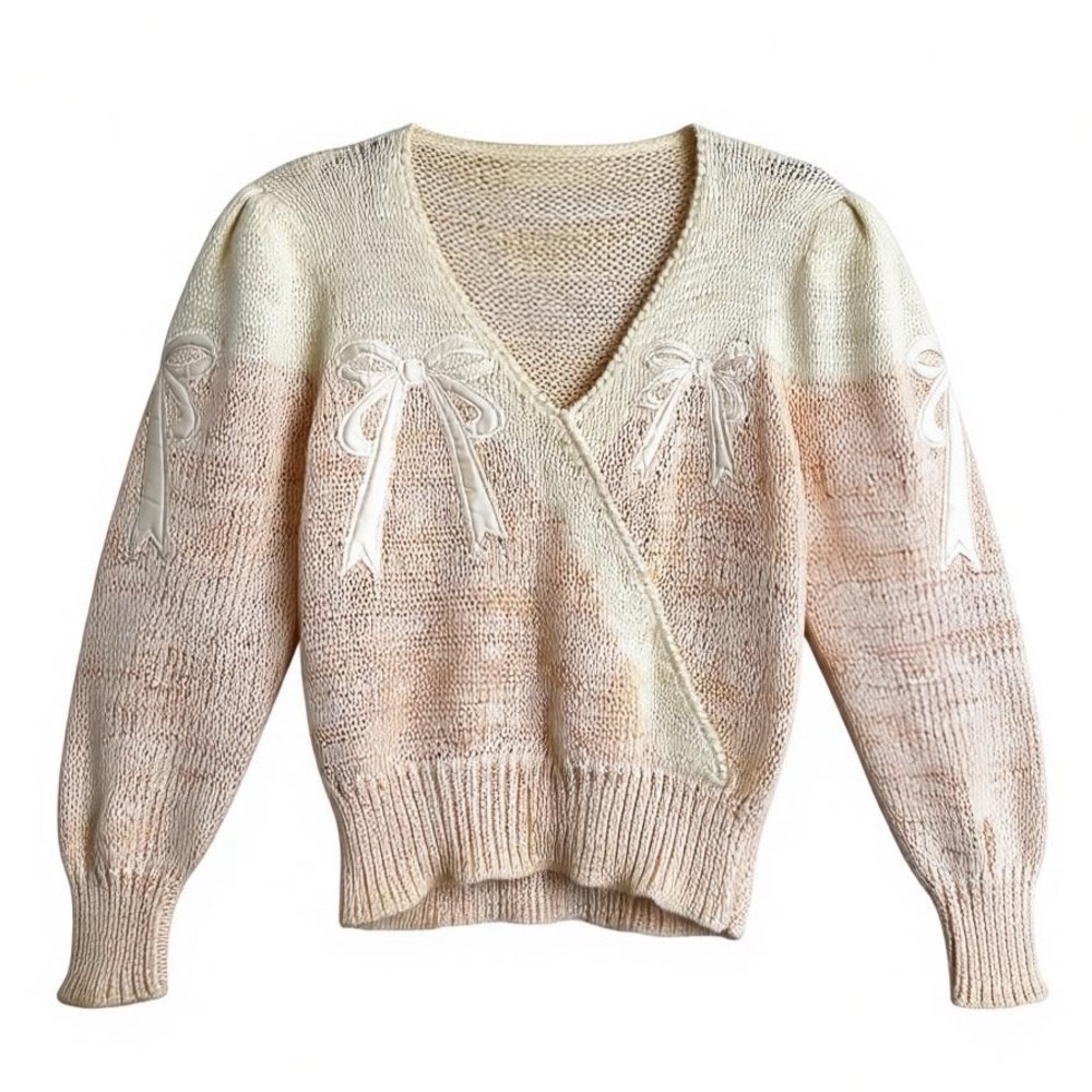 Vintage Bow Embroidered Surplice Knit Sweater Lambswool Angora Blend Cottagecore